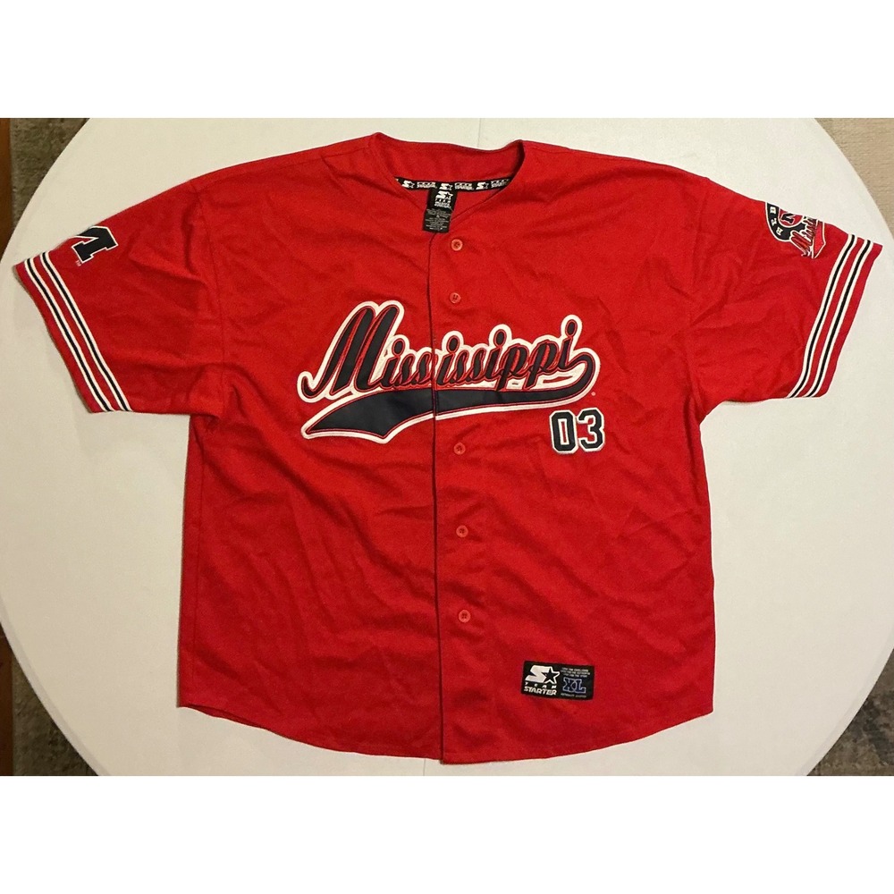 VTG 90s Starter Ole Miss Rebels Baseball Jersey Mens XL Red Embroidered